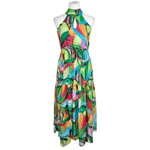 🌈 Nicole Miller Chiffon Maxi Dress | Size XL | Halter Tiered | Abstract Print